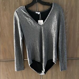 Silver Sequin Asymmetrical Bodysuit Top